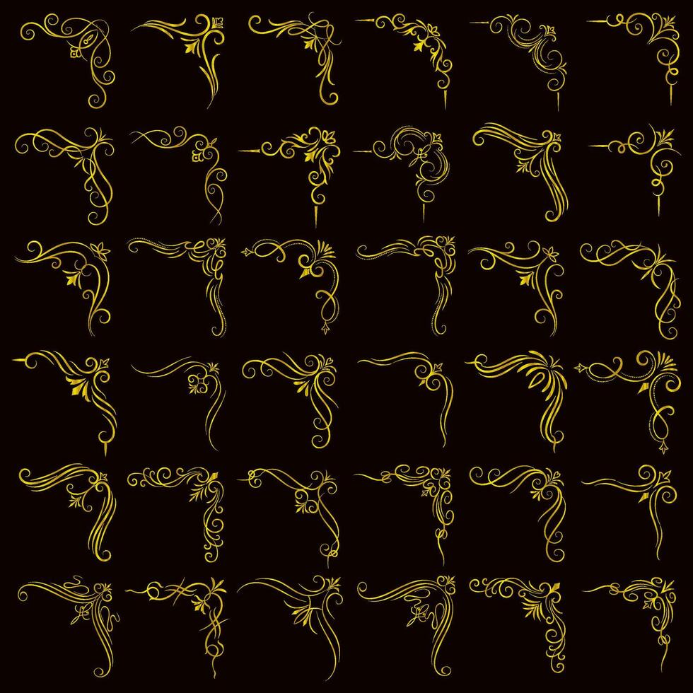 goud vector illustratie van decoratief hoek kader set. hand- trek van hoek kader verschillend vorm gouden hoek kaders wijnoogst kader decoratie, goud bloemen ornamenten.