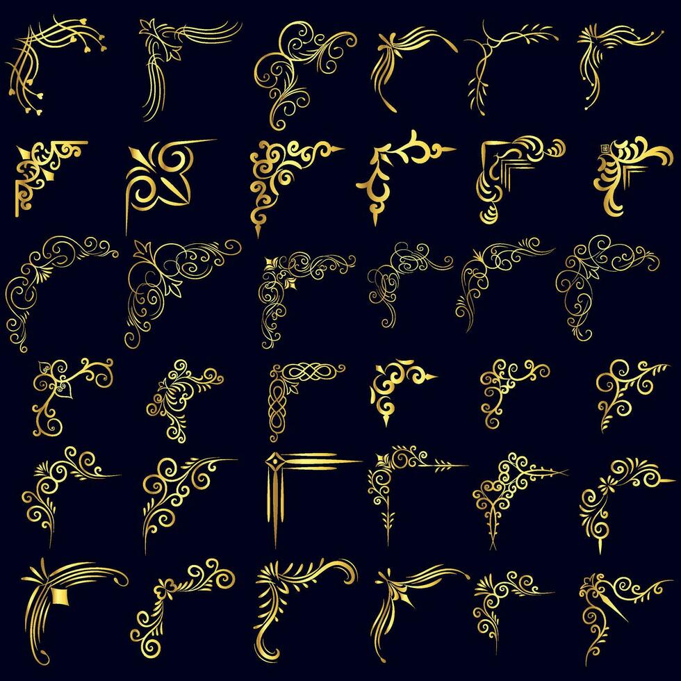 goud vector illustratie van decoratief hoek kader set. hand- trek van hoek kader verschillend vorm gouden hoek kaders wijnoogst kader decoratie, goud bloemen ornamenten.