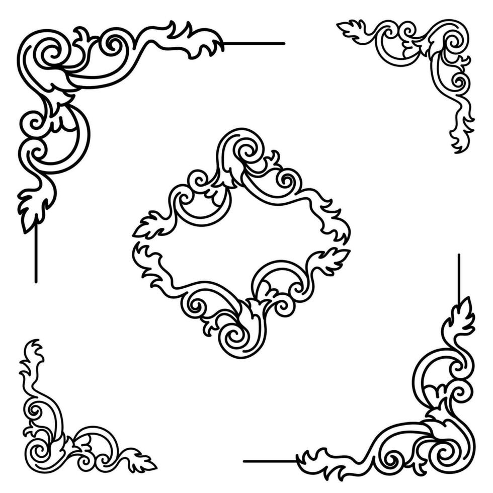 vector illustratie van decoratief hoek kader set. hand- trek van hoeken verschillend vormen bloem decoratie vector ontwerp tekening schetsen stijl voor bruiloft en spandoek.