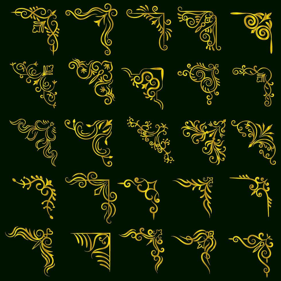 goud vector illustratie van decoratief hoek kader set. hand- trek van hoeken verschillend vormen gouden hoek kader wijnoogst kader decoratie, goud bloemen ornamenten.