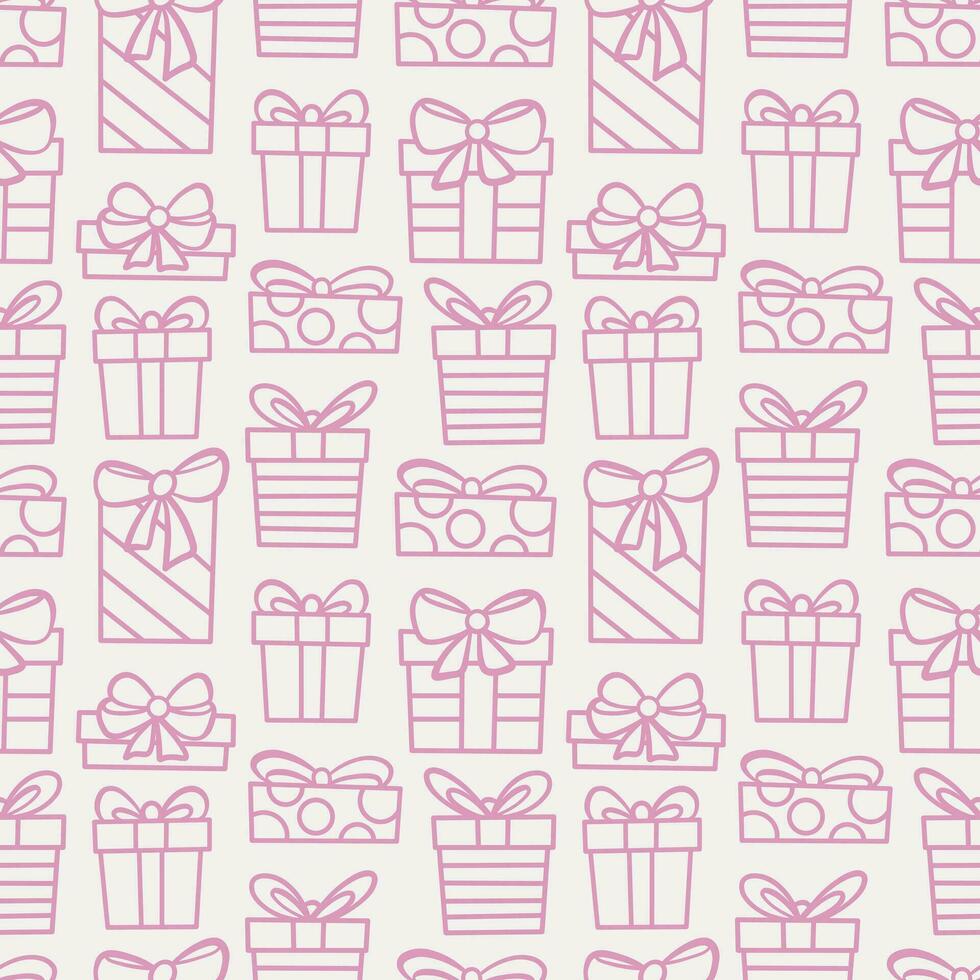 schattig hand- getrokken Kerstmis geschenk doos vector herhaling patroon in roze. naadloos herhalen behang of textiel ontwerp, lijn kunst tekening achtergrond ontwerp.