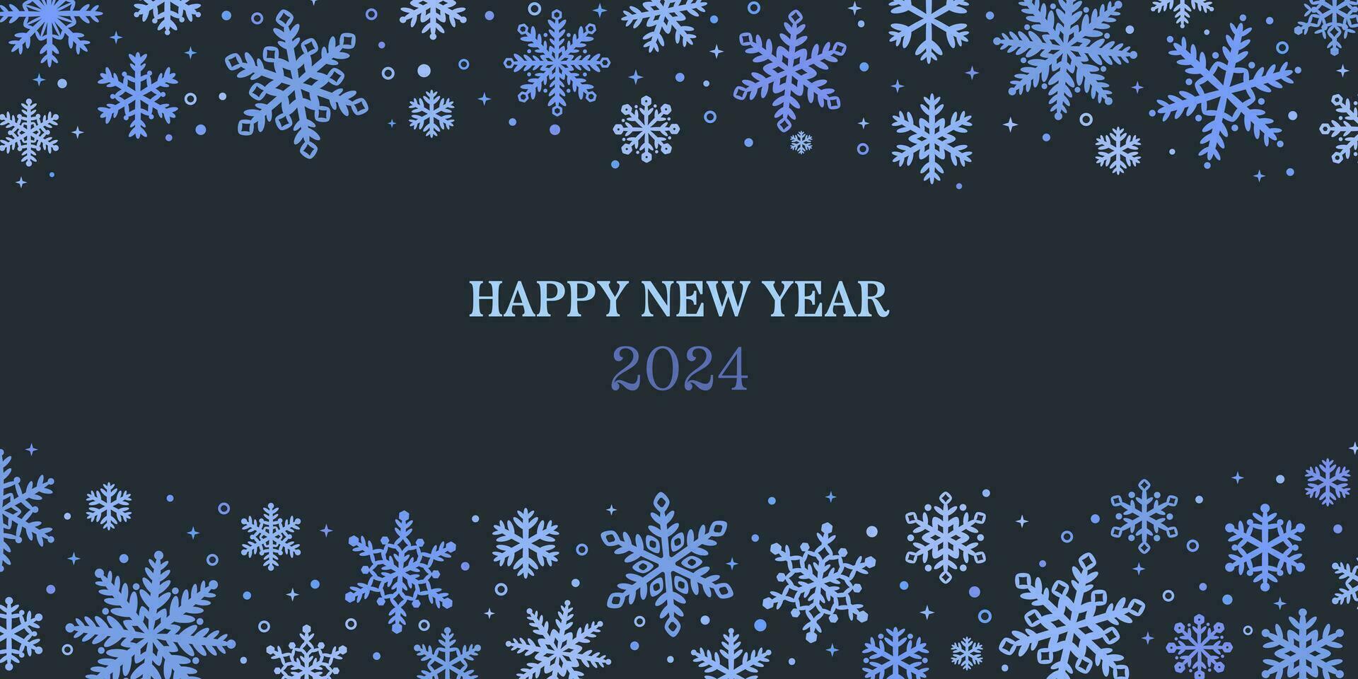 gelukkig nieuw jaar 2024 breed behang voor Hoes ontwerp, vector sneeuw vlok kostganger Aan donker blauw achtergrond met gemakkelijk tekst samenstelling