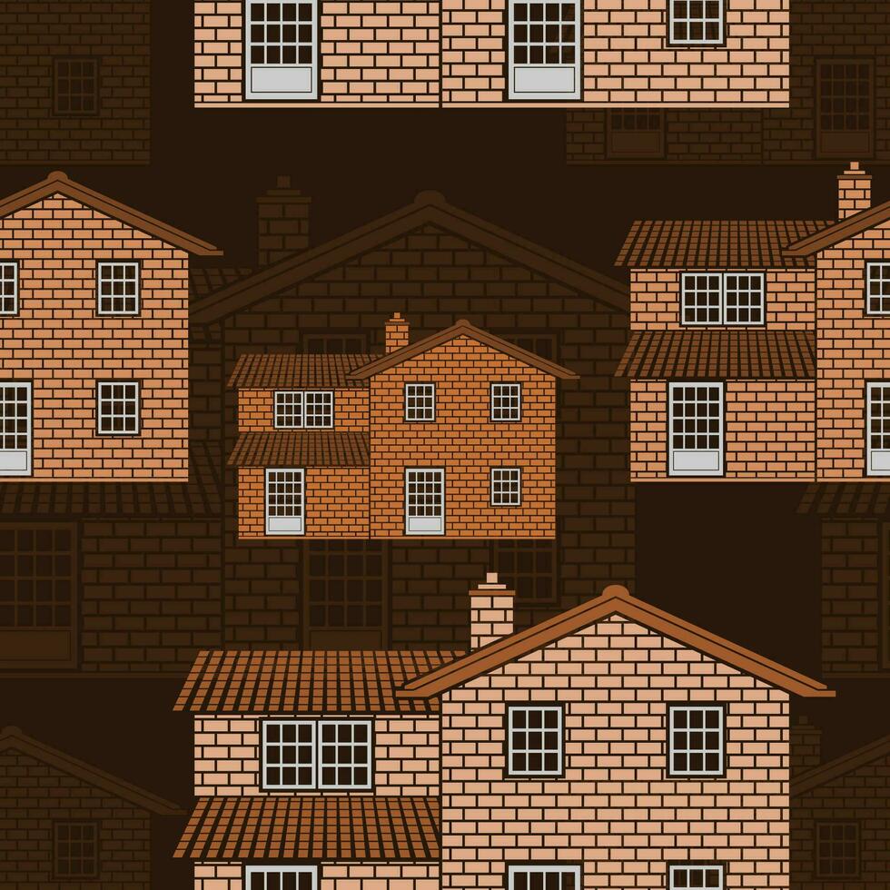 bewerkbare traditioneel Engels huis gebouw met twee niveau vloeren vector illustratie net zo naadloos patroon met donker achtergrond voor Engeland cultuur traditie en geschiedenis verwant ontwerp