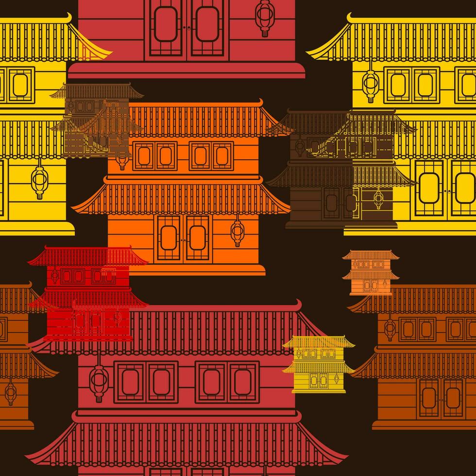 bewerkbare vlak monochroom stijl twee daken traditioneel Chinese gebouw vector illustratie in divers kleuren net zo naadloos patroon met donker achtergrond voor oosters geschiedenis en cultuur verwant ontwerp