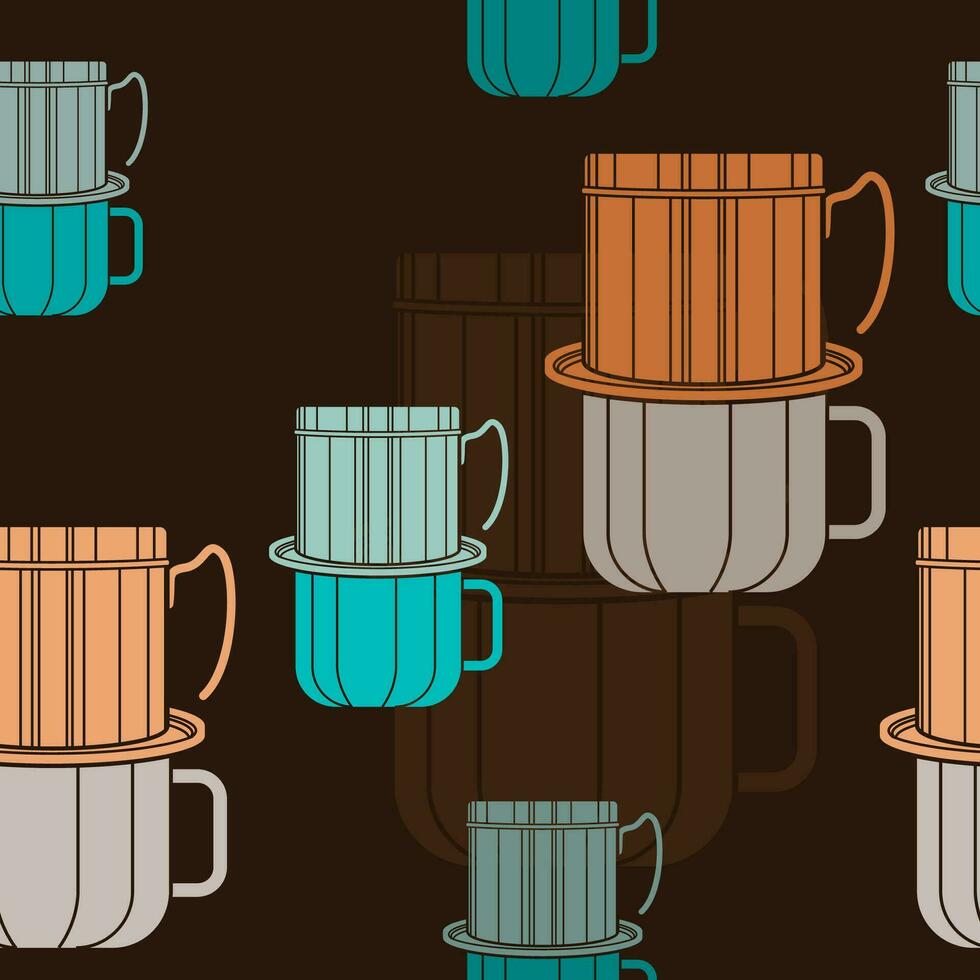 bewerkbare Vietnamees druppelen koffie met zacht kleur vector illustratie net zo naadloos patroon met donker achtergrond voor cafe met Vietnamees cultuur en traditie verwant ontwerp