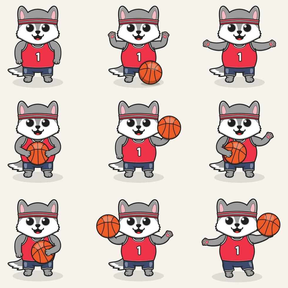 grappig wolf basketbal tekenfilm set. wolf basketbal set. schattig tekenfilm karakter vector reeks geïsoleerd Aan een wit achtergrond. tekenfilm dier sport. dier tekenfilm.