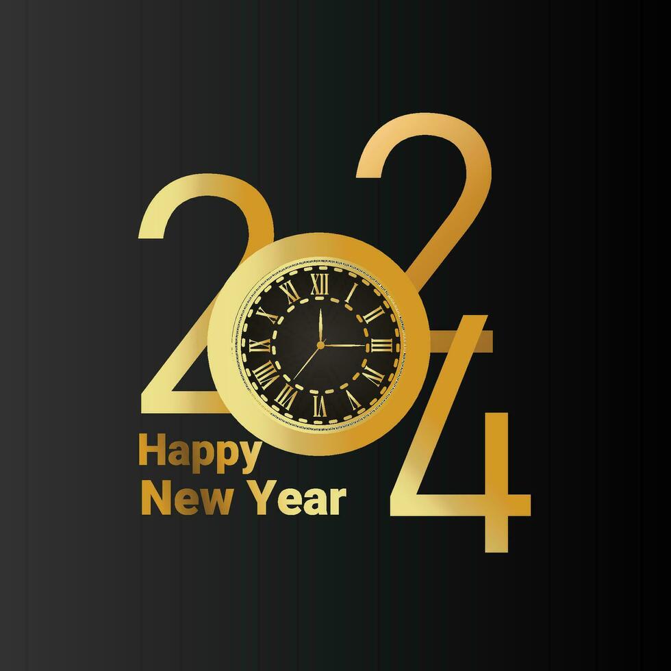 2024 gouden luxe logo belettering gelukkig nieuw jaar 2024 met klok groeten vector