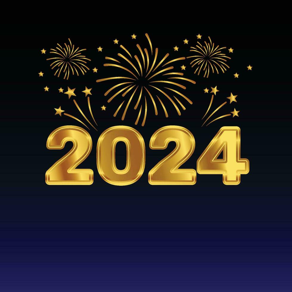 gouden 2024 nieuw jaar 3d tekst effect met vuurwerk 2024 vakantie vieringen achtergrond vector