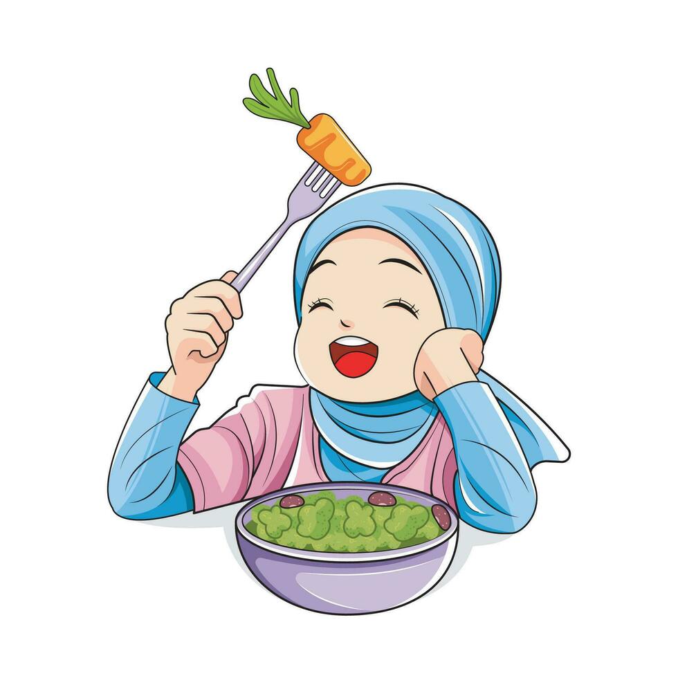 gezond voedsel. weinig meisje in hijab liefdes naar eten groenten. vector illustratie