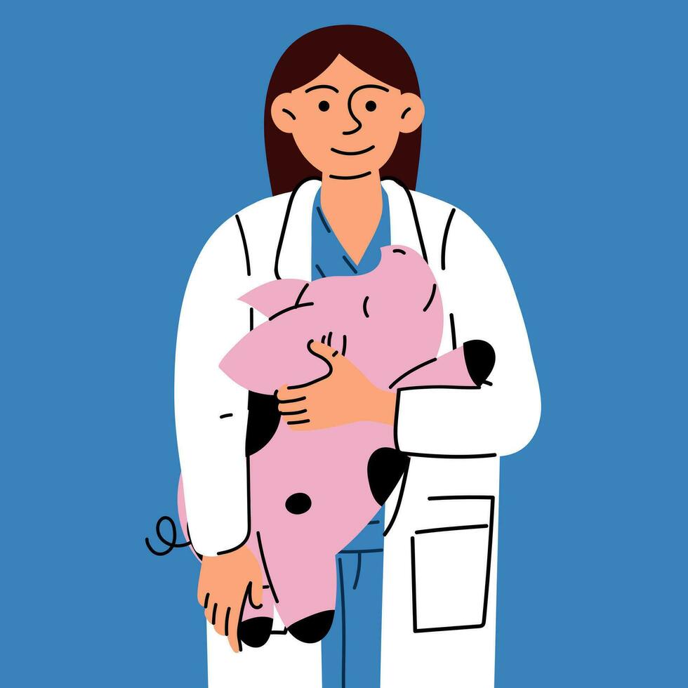een vrouw dierenarts met een varken in haar armen. vector illustratie van dier zorg. vlak stijl. een dokter in een uniform en een medisch jas met een varken Aan een blauw achtergrond. Internationale dierenarts dag