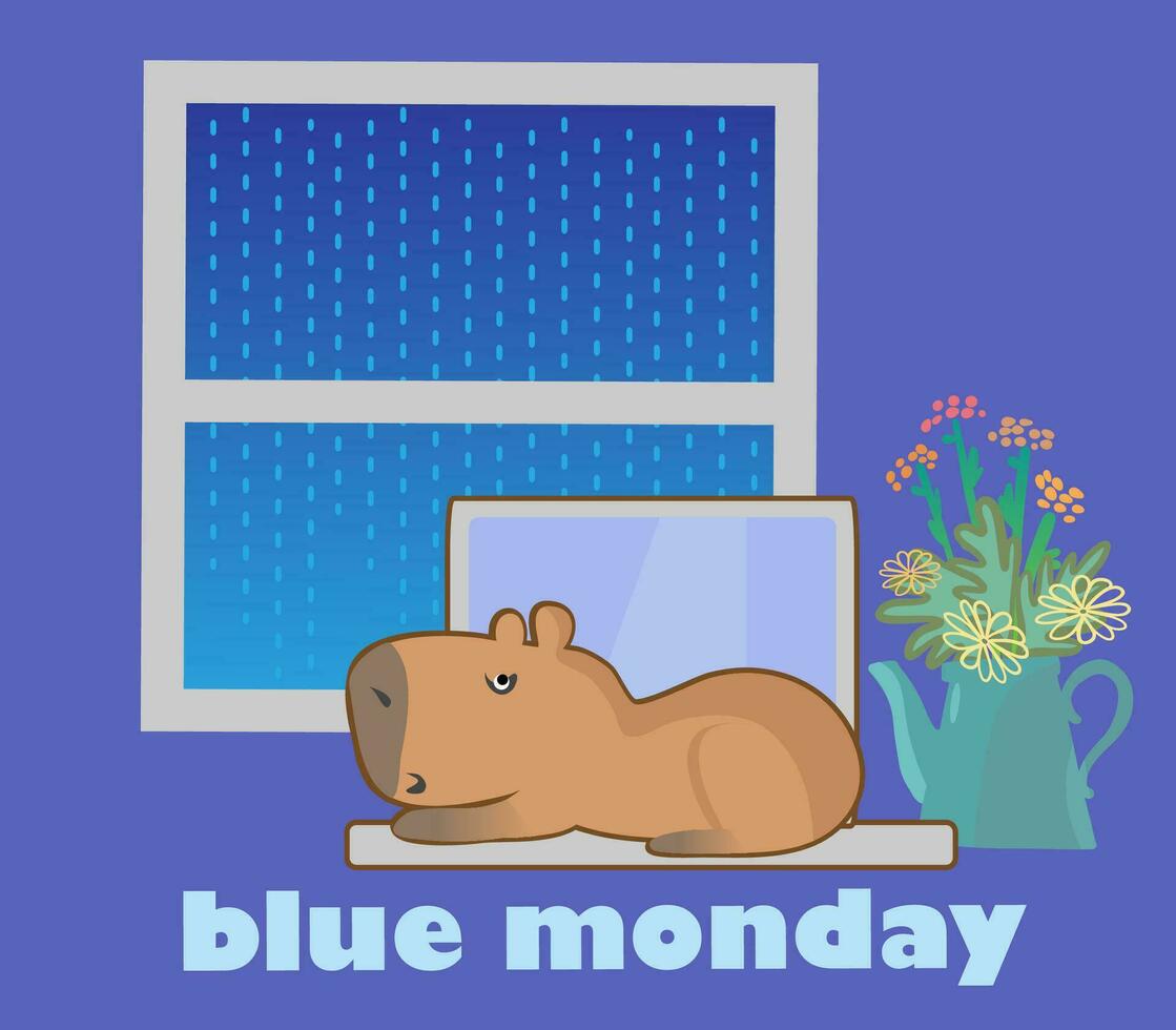 blauw maandag in januari. ontwerp met tekst blauw maandag en verdrietig capibara in vlak stijl. vector kunst