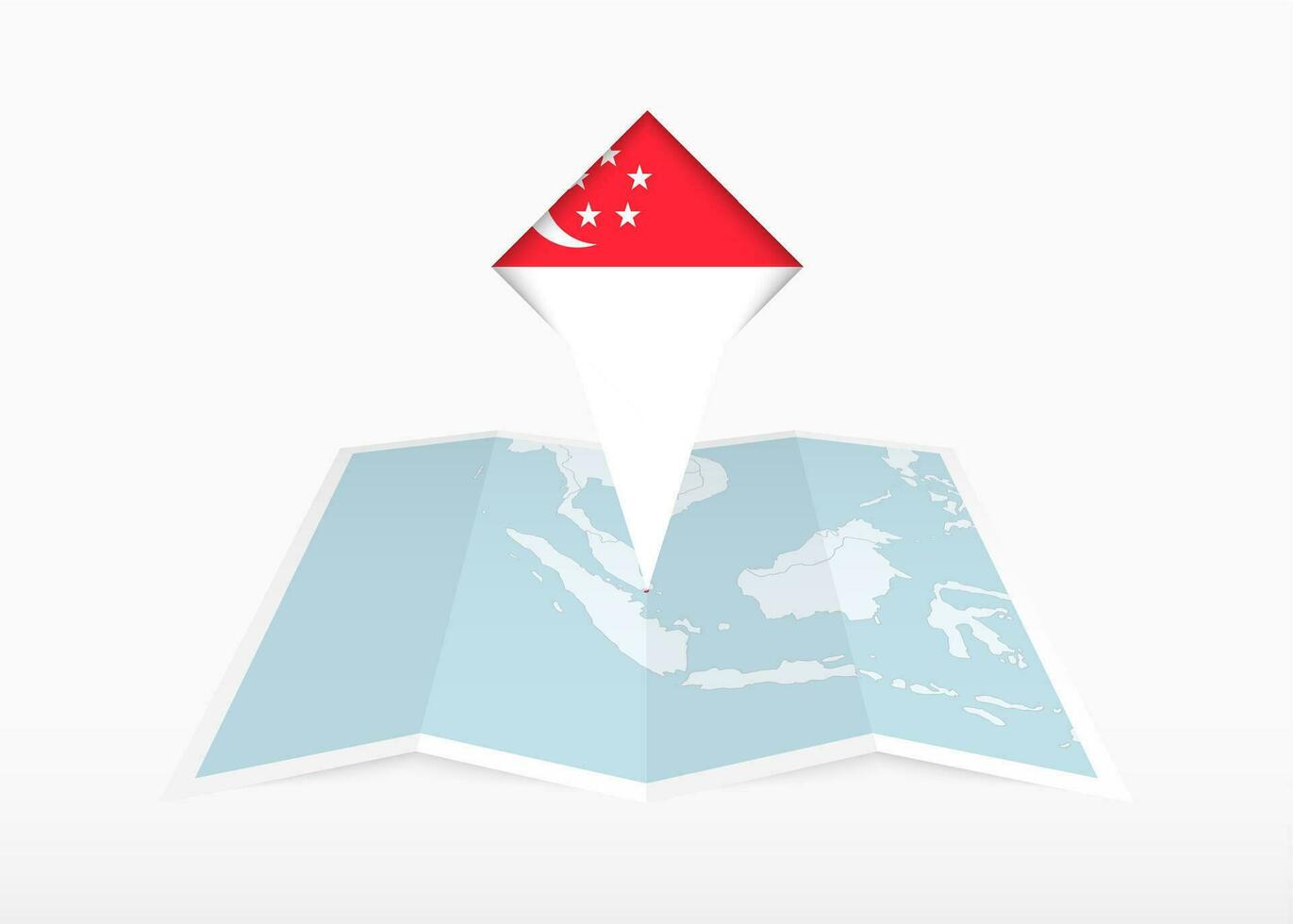 Singapore is afgebeeld Aan een gevouwen papier kaart en vastgemaakt plaats markeerstift met vlag van Singapore. vector