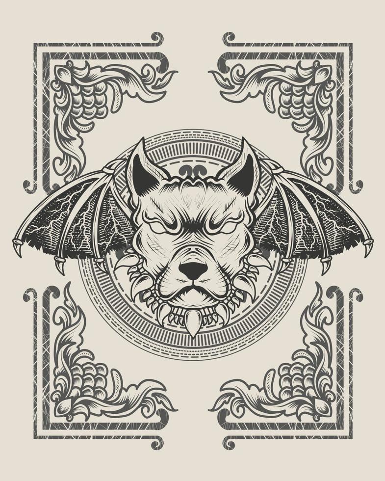 illustratie demon hond hoofd zwart-wit stijl vector