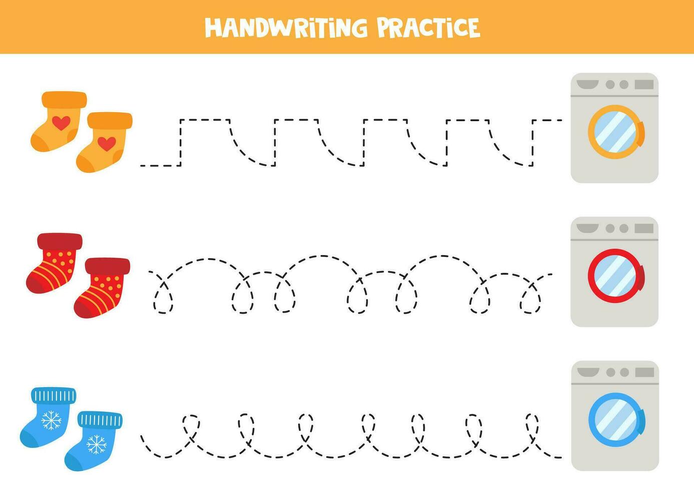 traceren lijnen voor kinderen. schattig kleurrijk sokken en het wassen machines. handschrift oefening. vector