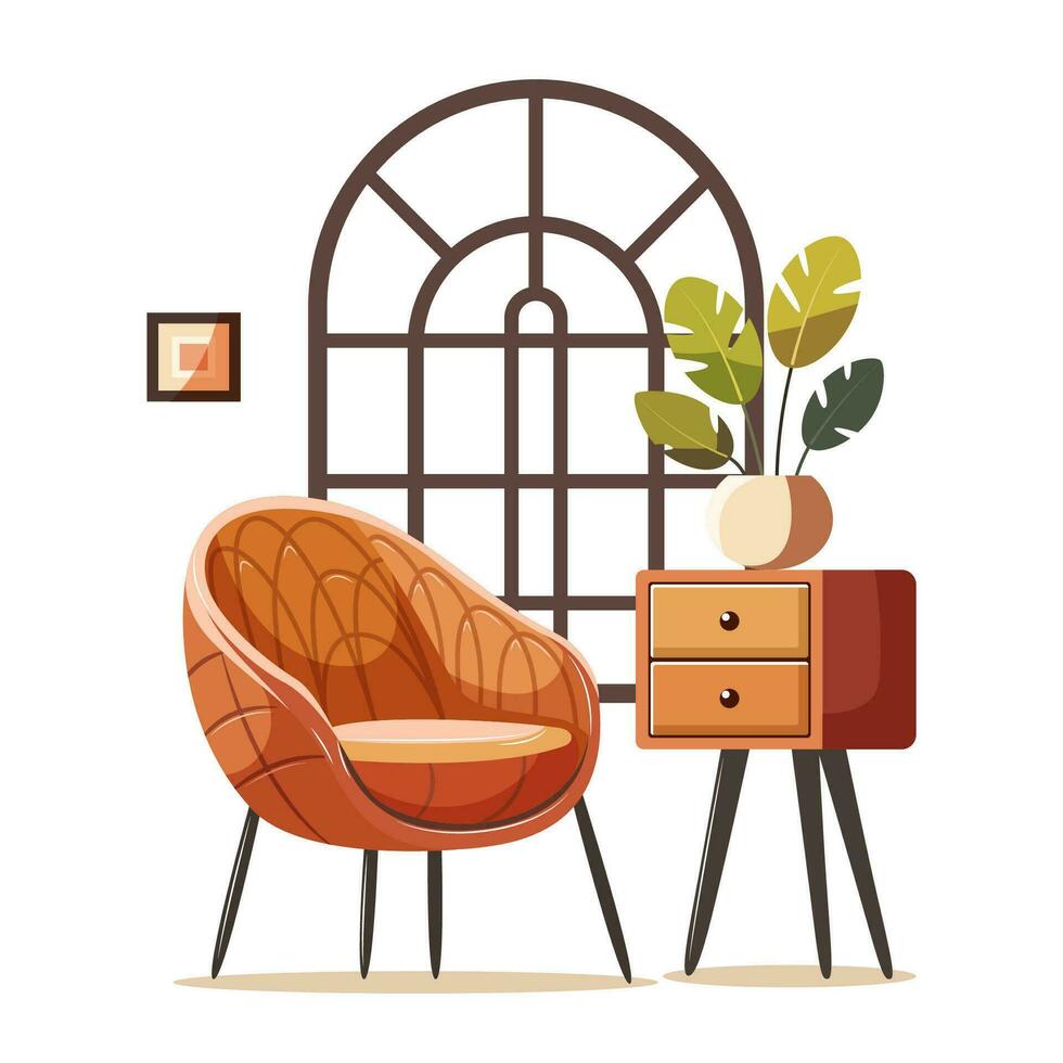 leven kamer modern interieur reeks met modieus Scandinavisch fauteuil. vector vlak stijl verzameling van meubilair voor huis geïsoleerd Aan wit achtergrond. comfortabel fauteuil, nachtkastje, ingemaakt fabriek.