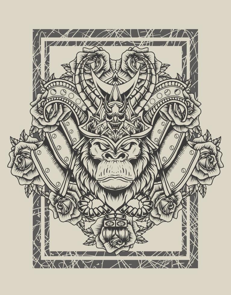 illustratie gorilla samurai hoofd met roze bloem vector