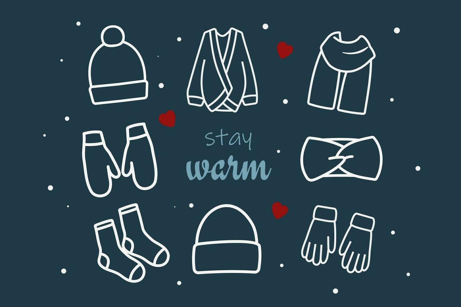 warm gebreid kleren vector pictogrammen set. winter accessoires verzameling. wit contour van hoeden, wanten, sokken, sjaal, handschoenen, vest, hoofdband.