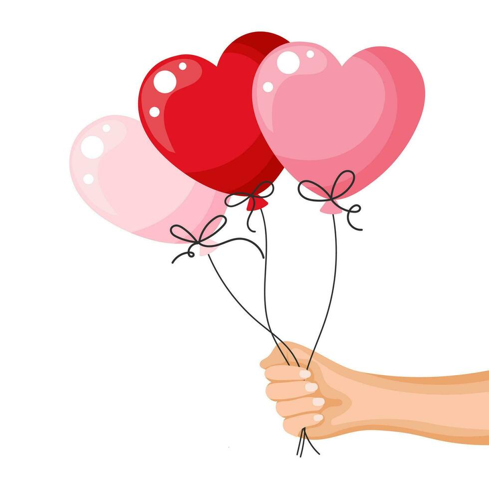 hand- Holding hart ballonnen. groet banier gelukkig verjaardag, gelukkig Valentijnsdag dag. vector