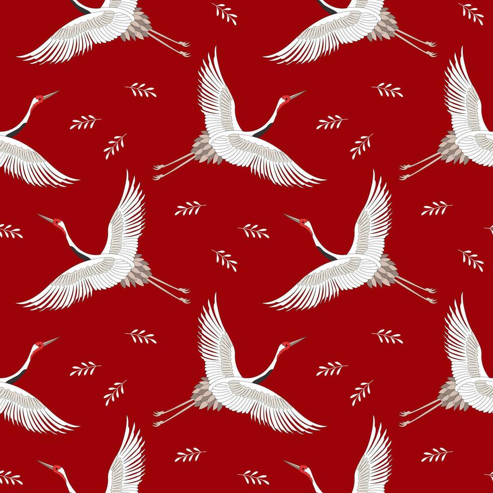 naadloos patroon, wit vliegend kranen, ooievaars Aan een rood achtergrond. abstract achtergrond, textiel, behang, vector