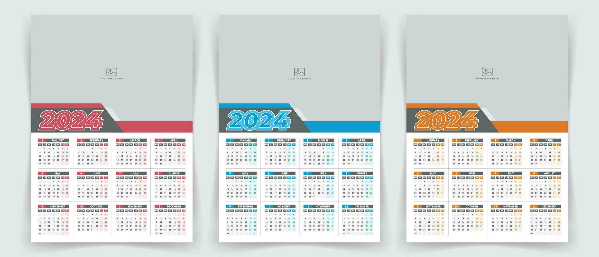 2024 een pagina muur kalender ontwerp sjabloon met kleur variatie, modern bewerkbare 12 maanden een pagina kalender. vector