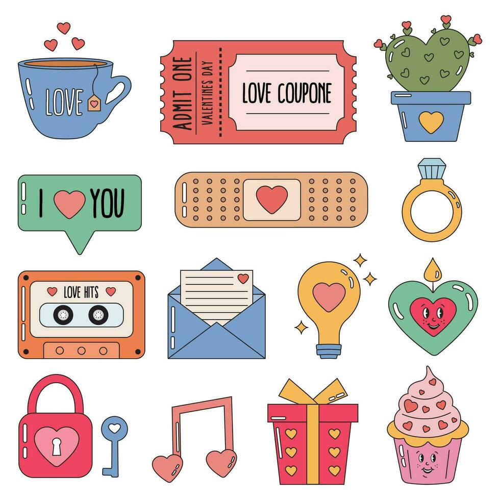 retro valentijnsdag dag liefde elementen. jaren 70 Jaren 60 esthetiek. wijnoogst vector. groovy hippie liefde sticker verzameling, harten, liefde, geschenk, snoepgoed, muziek. romantisch vector illustratie, gelukkig Valentijn dag.