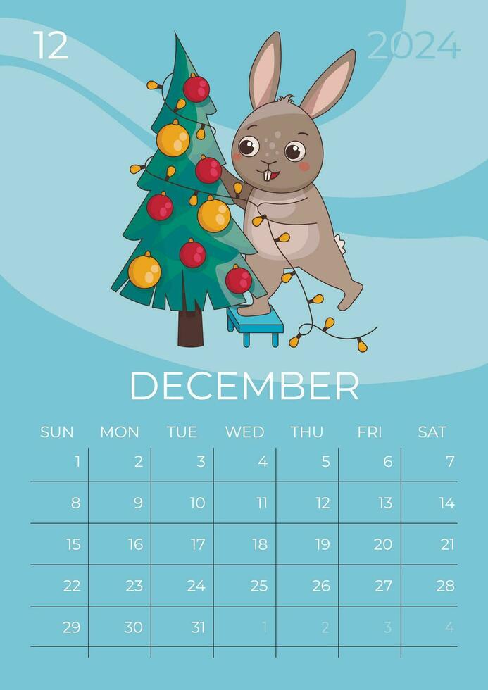 verticaal kinderen kalender 2024. maand van december. haas staat Aan een stoel en siert de Kerstmis boom met ballen en een guirlande. a5 formaat. vector grafisch.