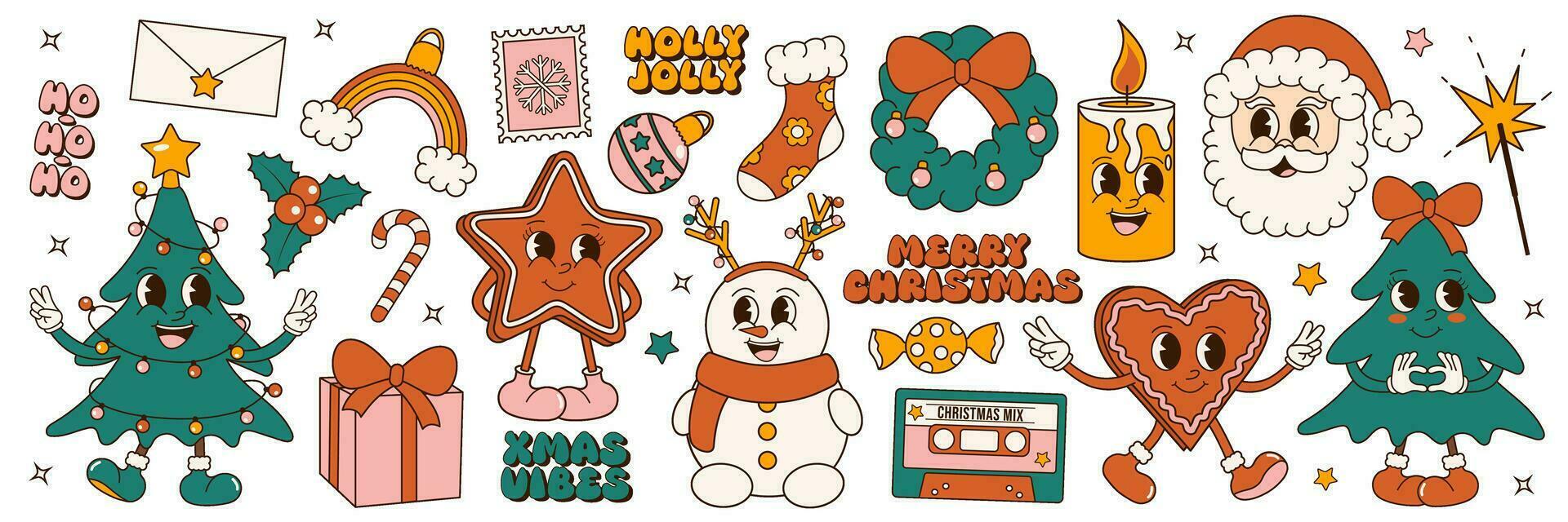 vrolijk kerstmis. groovy jaren 70 Kerstmis sticker set. modieus retro tekenfilm stijl elementen en zinnen vector