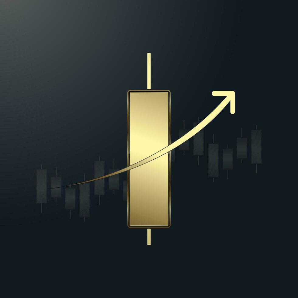 een luxe bar grafiek. goud diagram tabel met omhoog neiging pijl Aan de top gebruikt voor bedrijf gouden kaars stok diagram tabel van investering vector