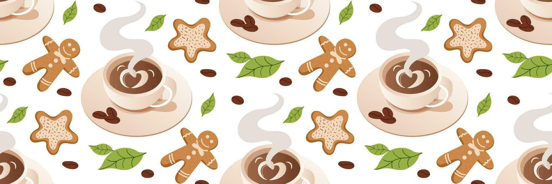 kop van koffie en koekjes naadloos patroon. knus winter koffie partijen. Kerstmis illustratie. achtergrond voor koffie winkels menu's ansichtkaarten zakelijke identiteit omhulsel papier. vlak vector illustratie.