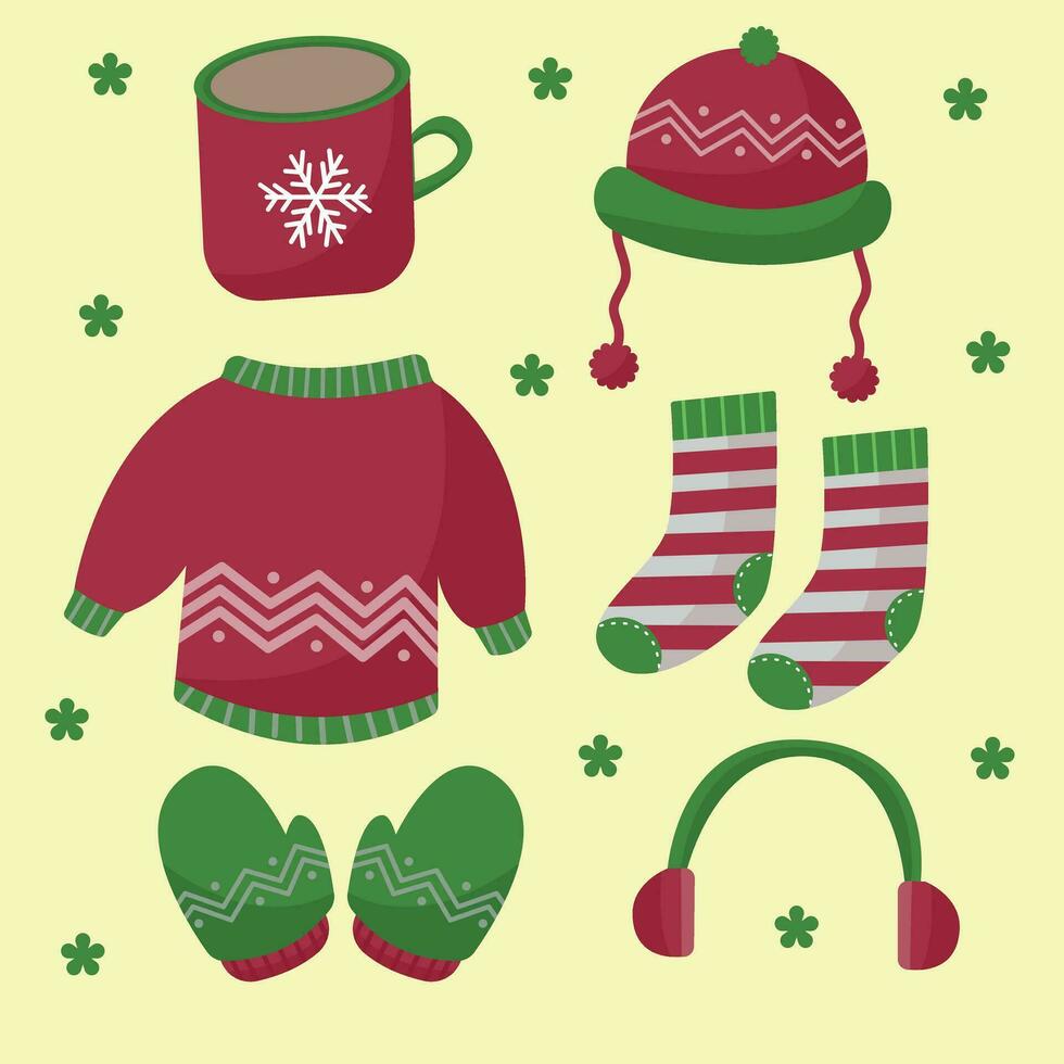 vlak ontwerp winter kleren en essentials voor Kerstmis vector