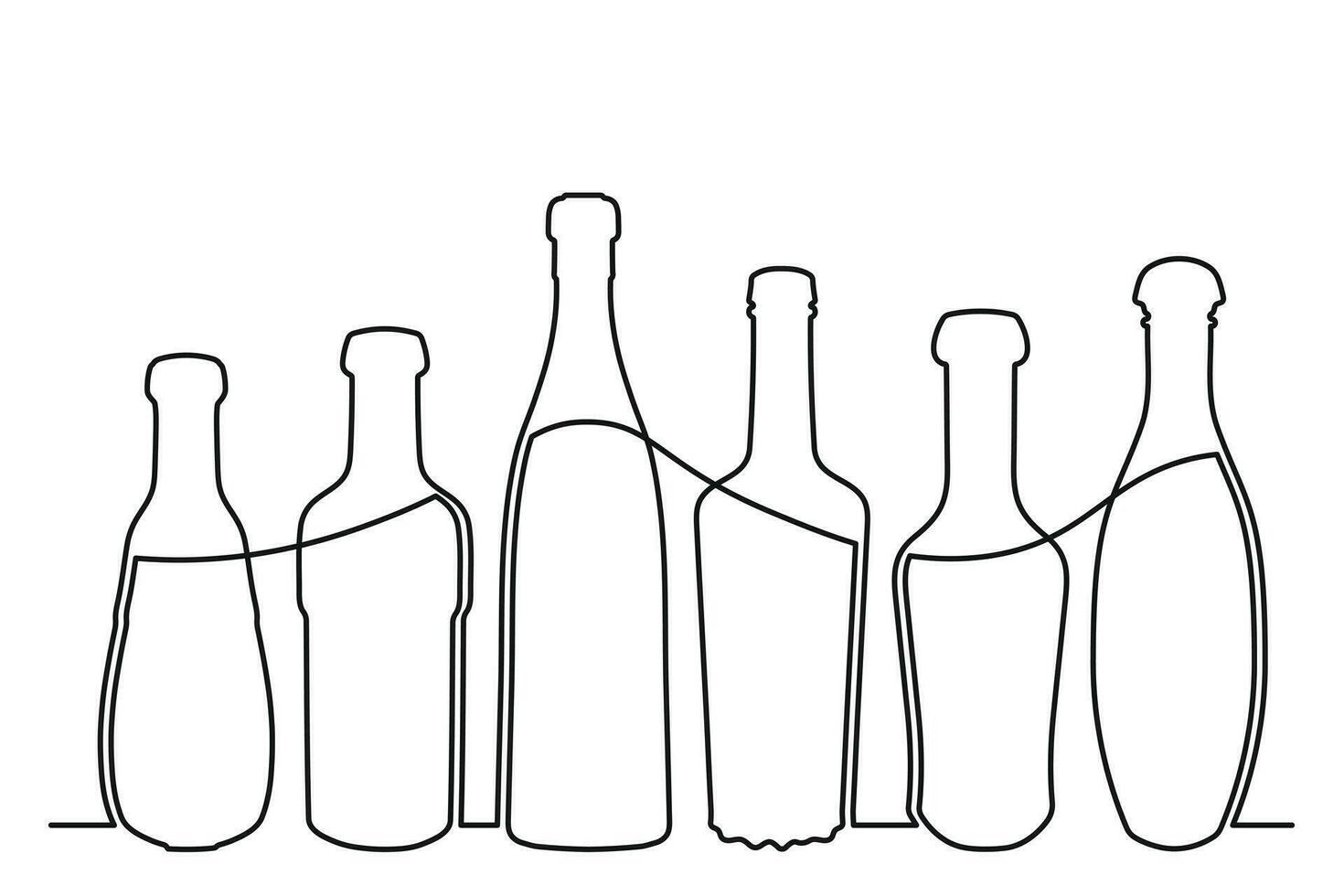 schetsen tekening van een fles van verschillend vormen in de stijl van een solide doorlopend lijn. verzameling van alcoholisch drankjes vector