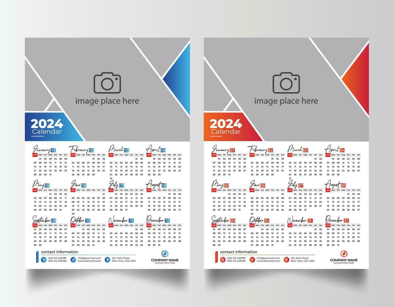 nieuw jaar 2024 een bladzijde muur kalender sjabloon vector