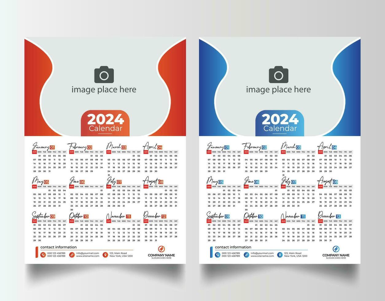 nieuw jaar 2024 een bladzijde muur kalender sjabloon vector