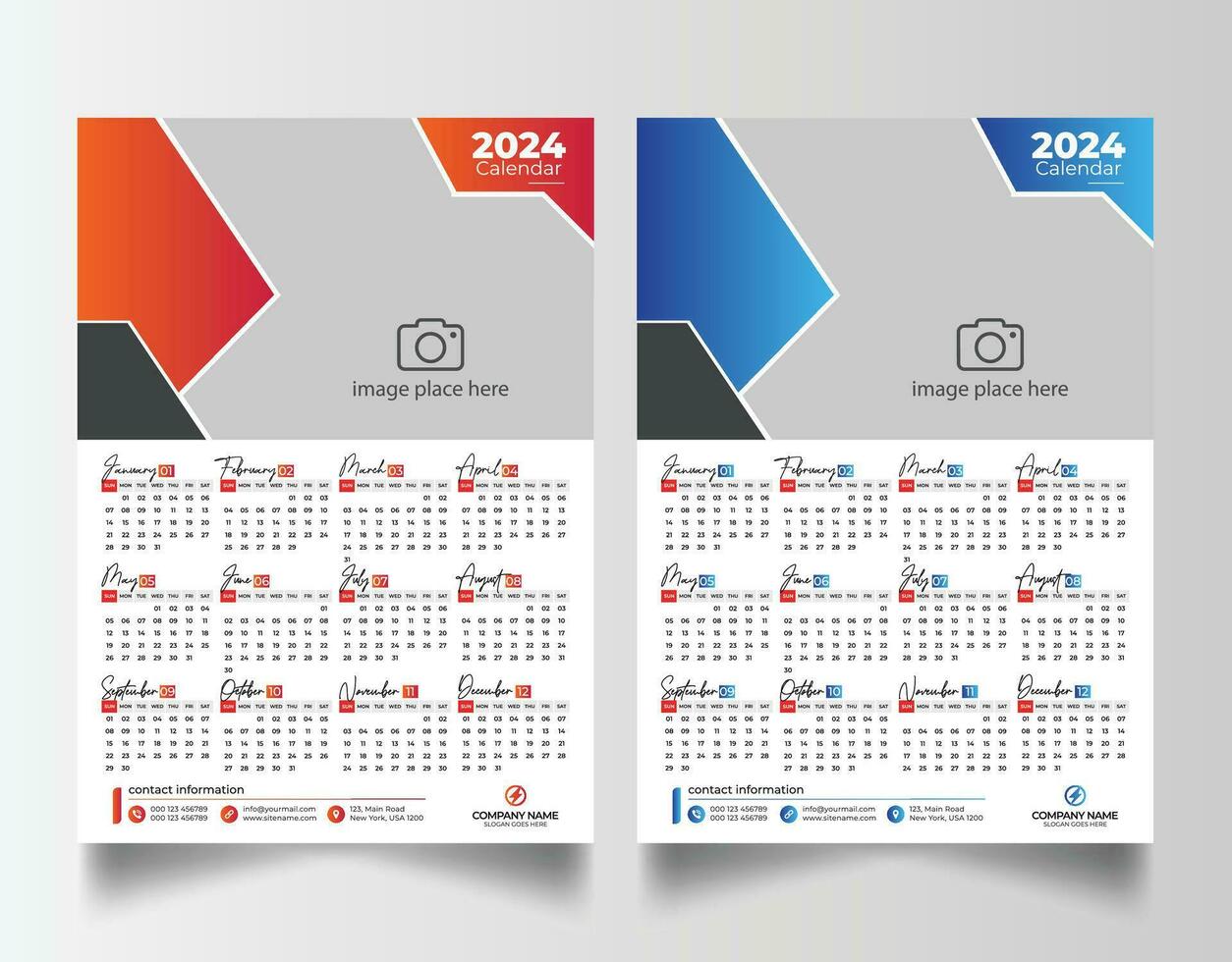 nieuw jaar 2024 een bladzijde muur kalender sjabloon vector