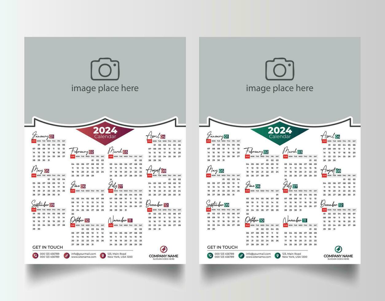 nieuw jaar 2024 een bladzijde muur kalender sjabloon vector