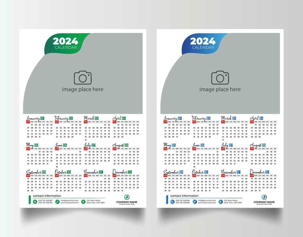 nieuw jaar 2024 een bladzijde muur kalender sjabloon vector