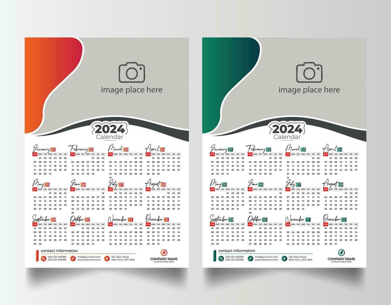 nieuw jaar 2024 een bladzijde muur kalender sjabloon vector
