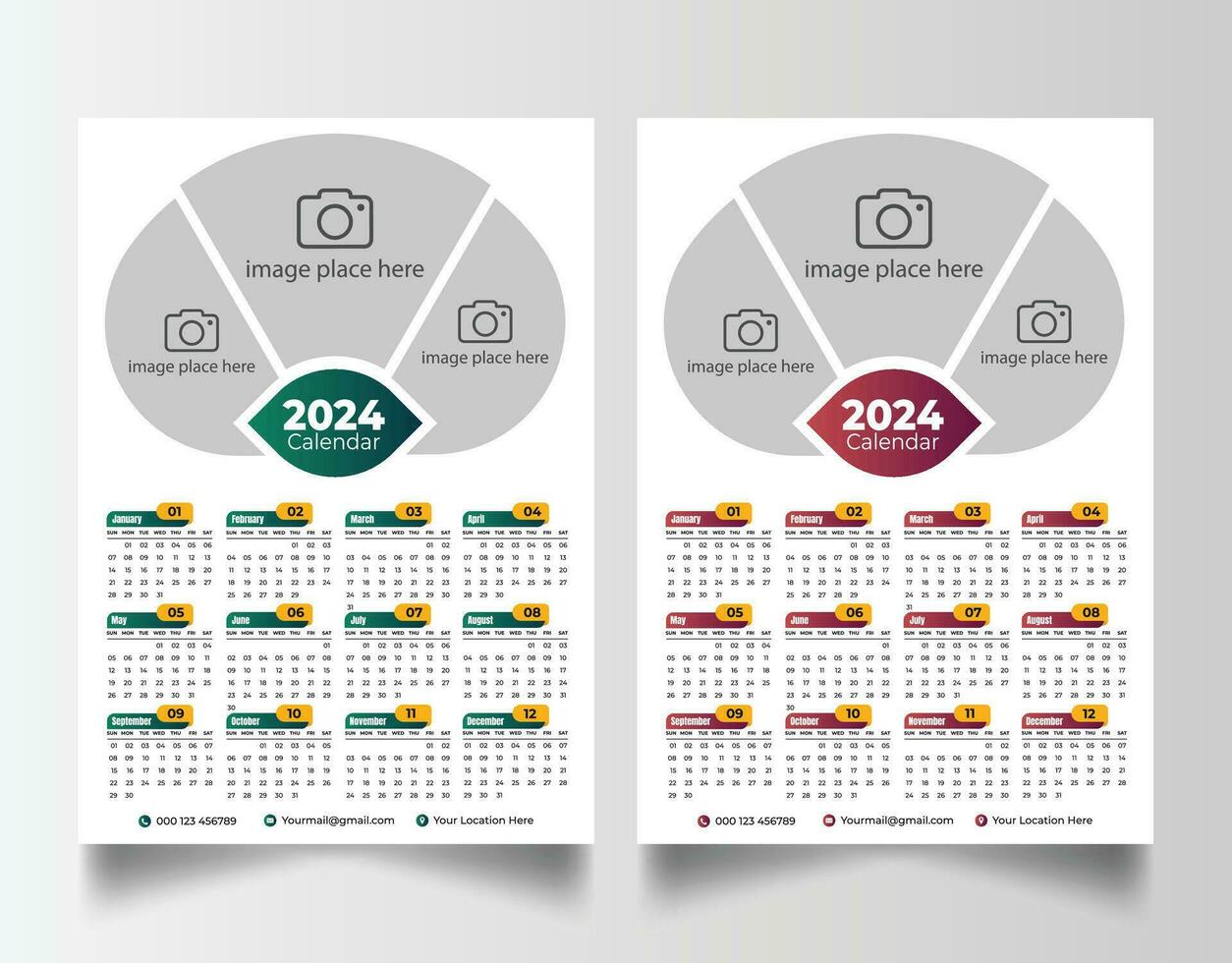 nieuw jaar 2024 een bladzijde muur kalender sjabloon vector