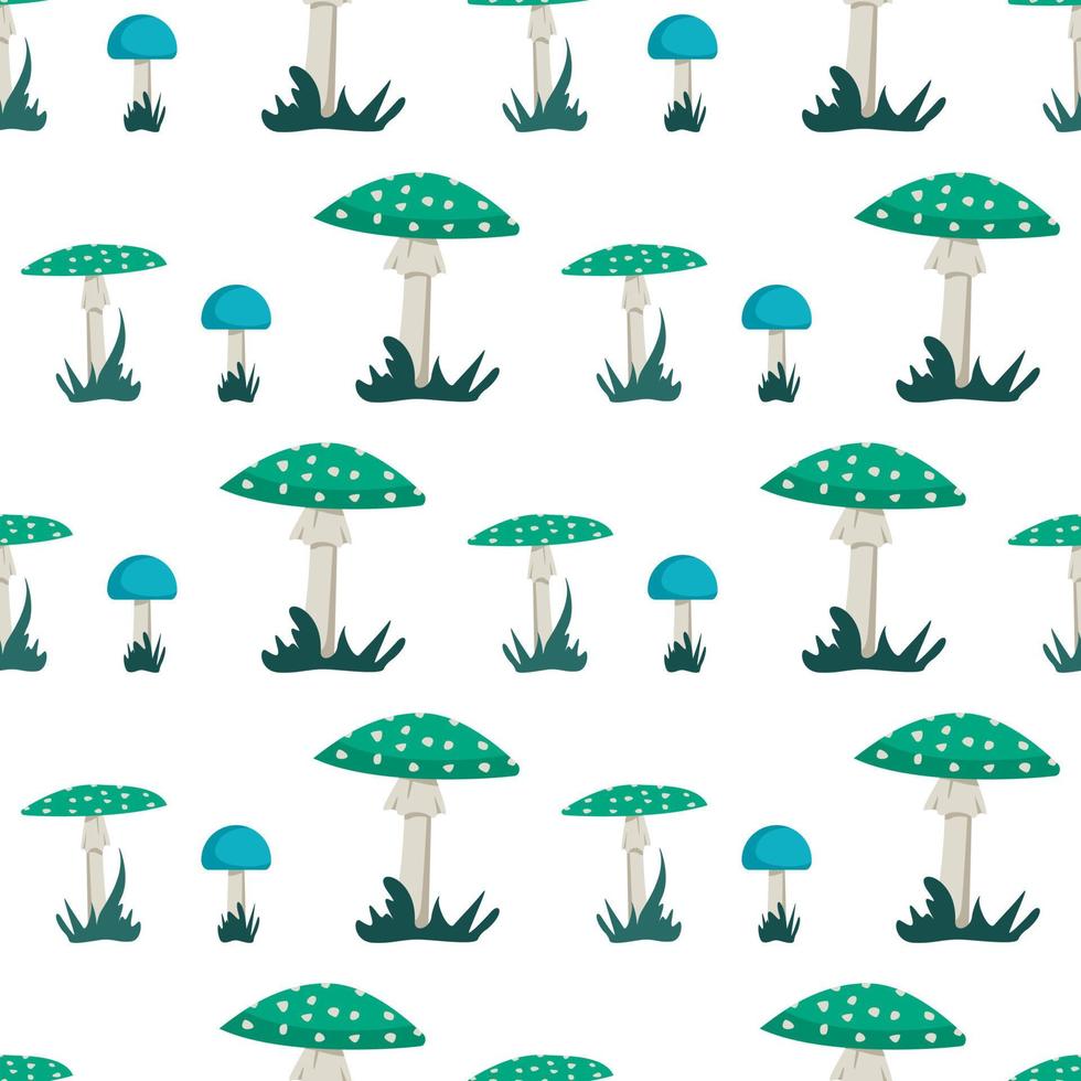 naadloos patroon met amanita paddestoelen met felblauwe en groene hoed en witte stippen en gras. neon vliegenzwam print vector