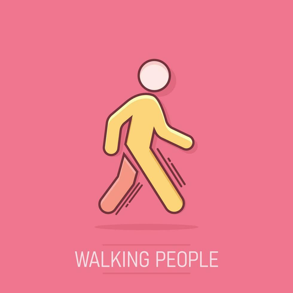 vector tekenfilm wandelen Mens icoon in grappig stijl. mensen wandelen teken illustratie pictogram. voetganger bedrijf plons effect concept.