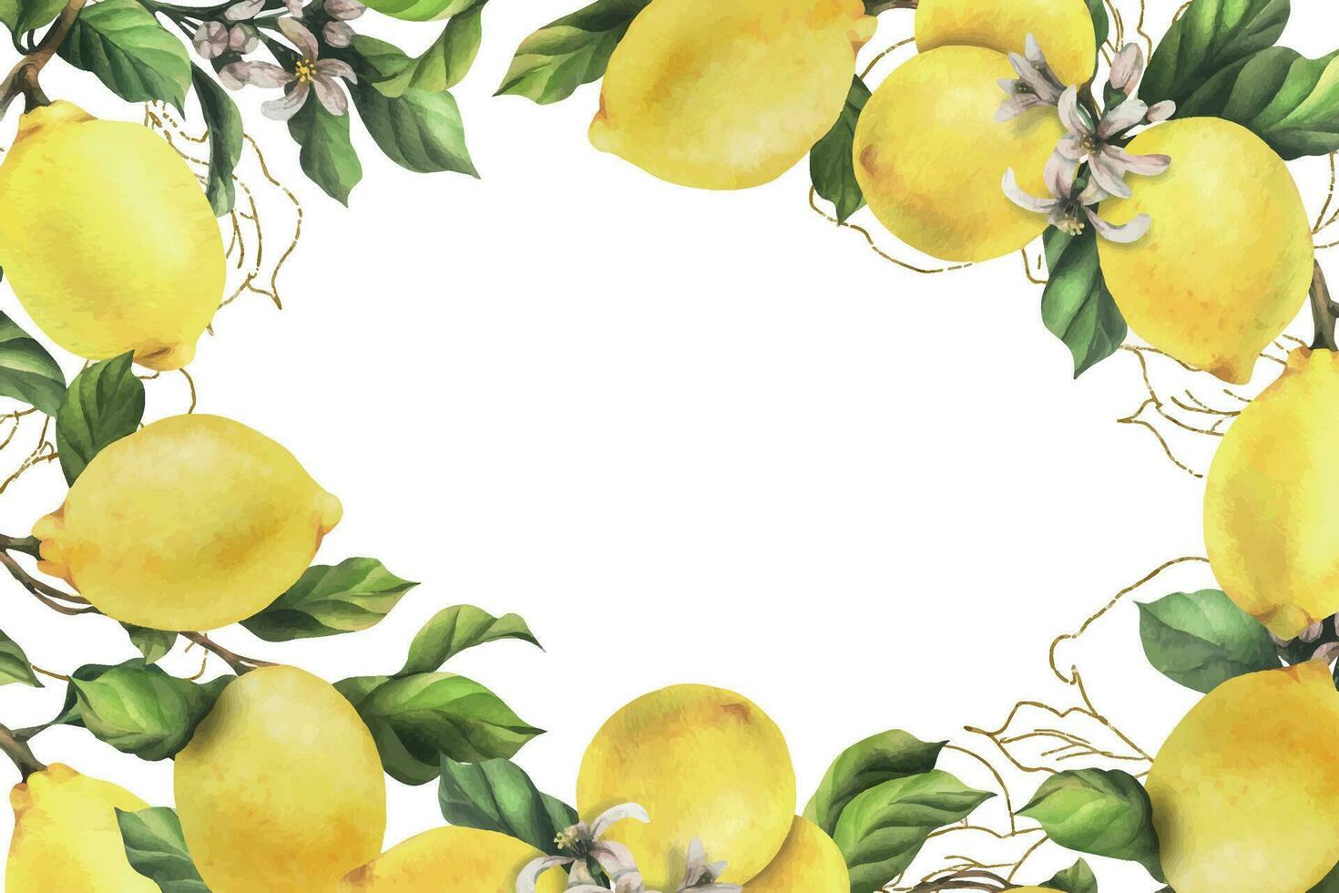 citroenen zijn geel, sappig, rijp met groen bladeren, bloem bloemknoppen Aan de takken, geheel en plakjes. waterverf, hand- getrokken botanisch illustratie. kader, sjabloon Aan een wit achtergrond. vector eps