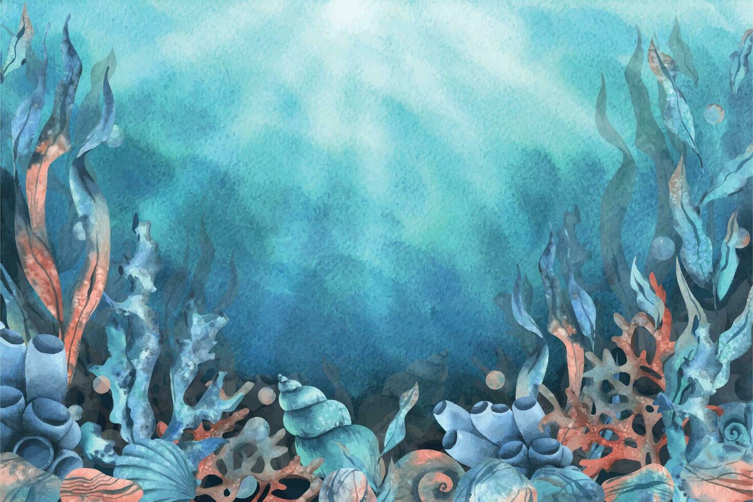 onderwater- wereld clip art met zee dieren walvis, schildpad, Octopus, zeepaardje, zeester, schelpen, koraal en algen. hand- getrokken waterverf illustratie. reeks van geïsoleerd voorwerpen Aan een blauw achtergrond vector