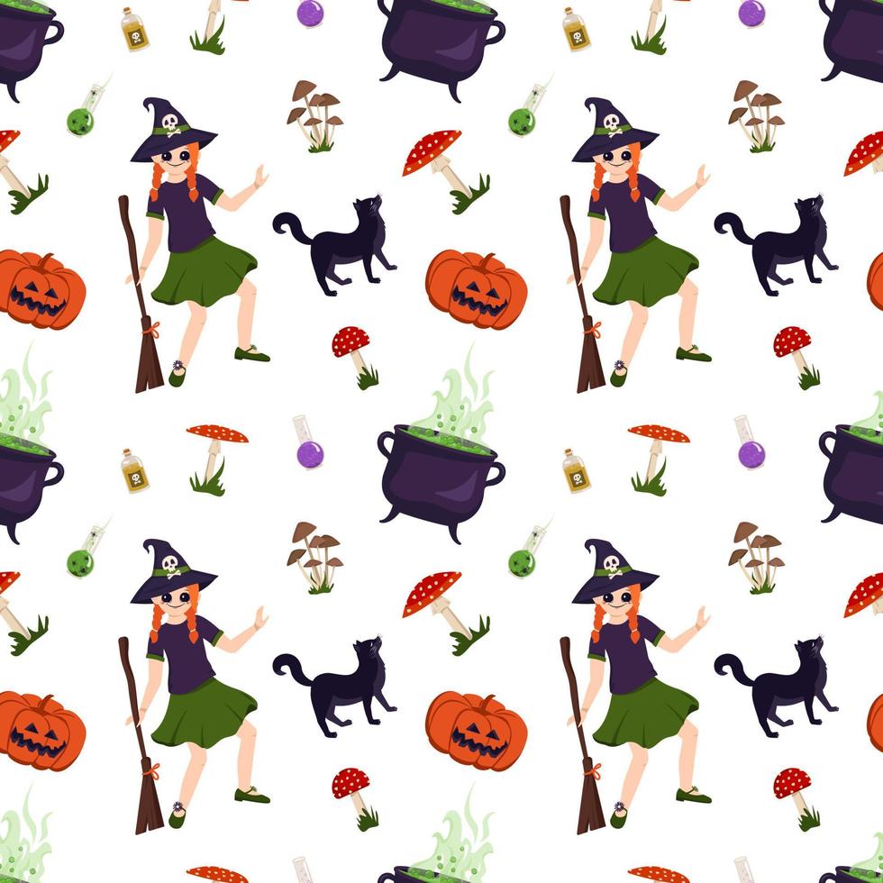 Halloween naadloos patroon met meisjesheks, zwarte kat, pompoen, paddestoel en vliegenzwammen. feestelijke print met oktober vakantie-elementen vector