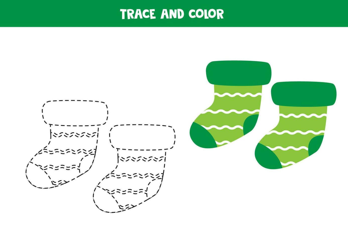 spoor en kleur tekenfilm groen sokken. werkblad voor kinderen. vector