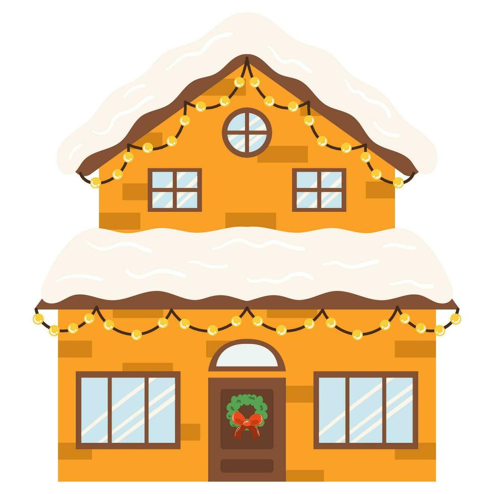 een huis versierd voor Kerstmis met sneeuw en slinger vector