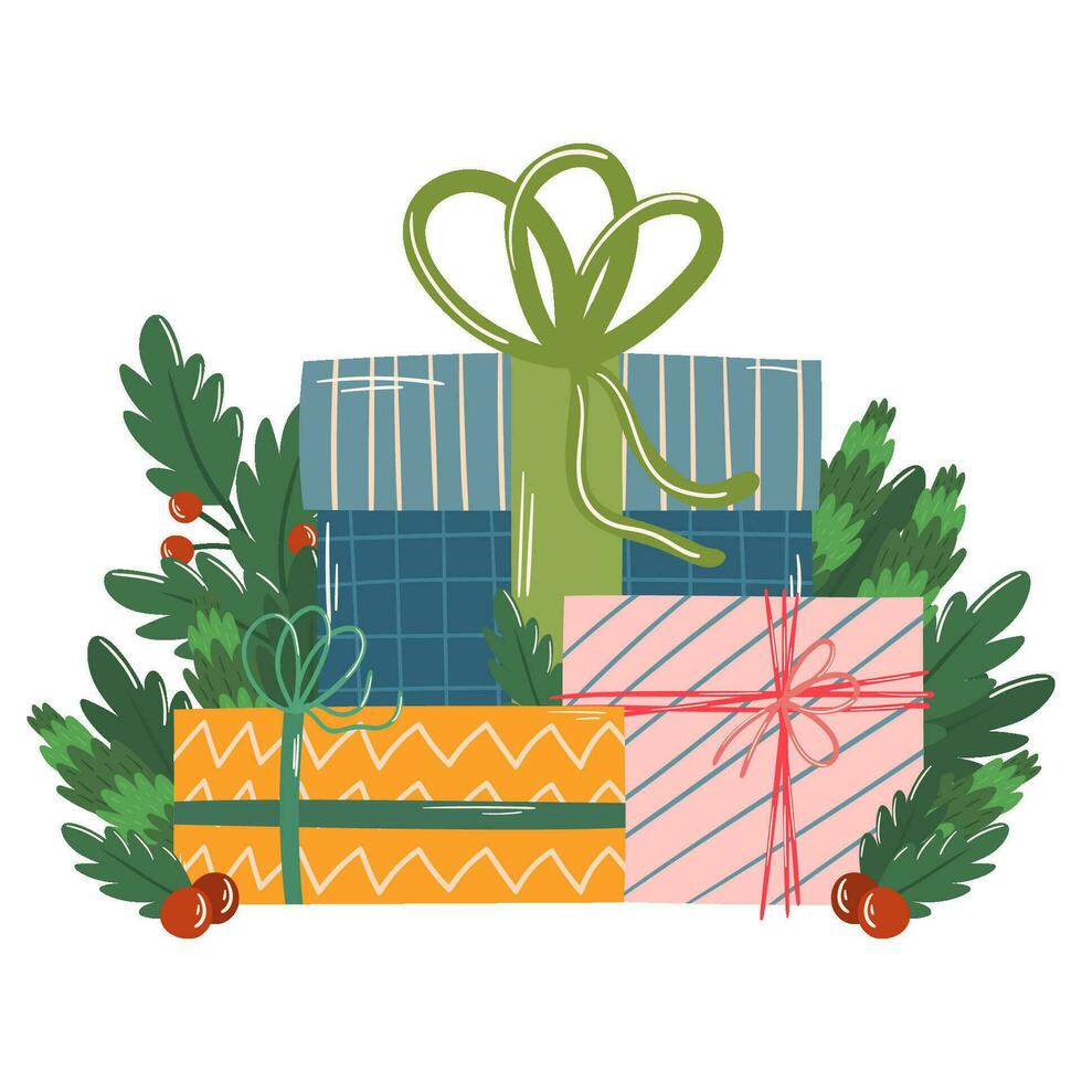 samenstelling met geschenk dozen, Kerstmis net takken en hulst vector