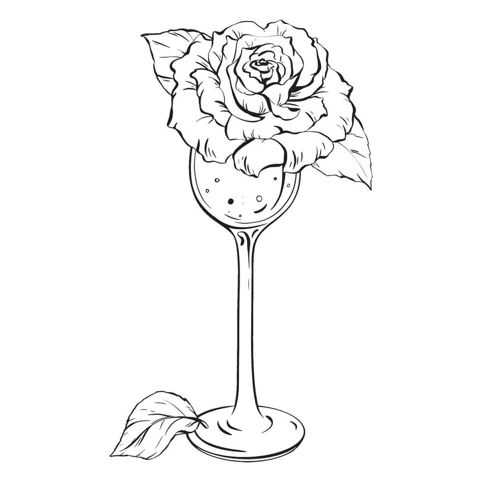 inkt. een Champagne glas voor bruiloften met een delicaat roos bloesem en blad. een inschrijving samenstelling voor kaarten kleur prints posters en textiel afdrukken. voor verjaardagen, bruiloften, vrijgezel. eps 10 vector