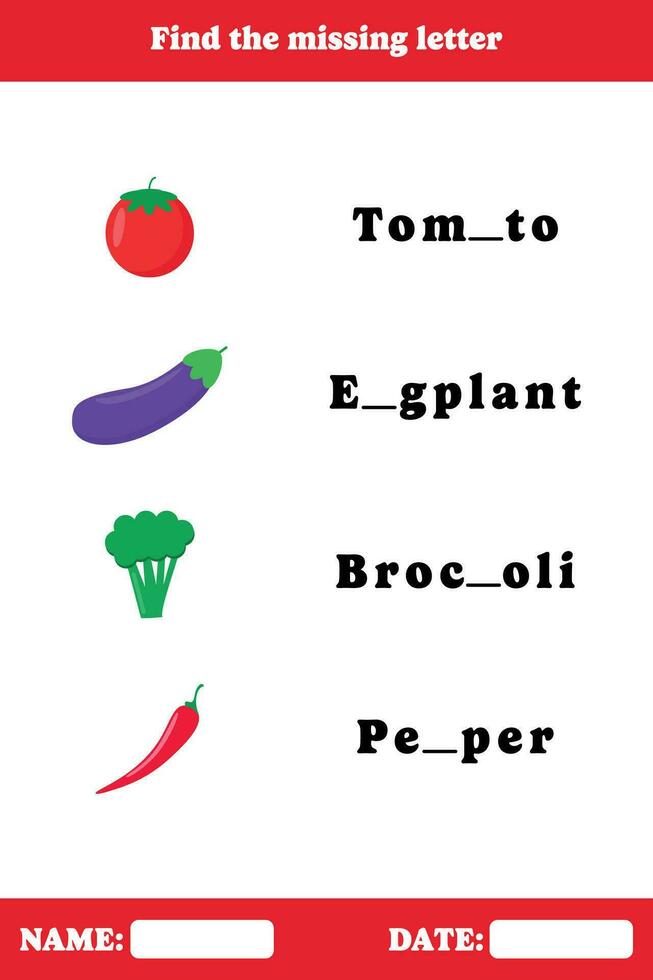 vind de missend brief. leerzaam spelling spel voor kinderen. hersenen teaser voor kinderen. afdrukbare werkblad ontwerp. vector