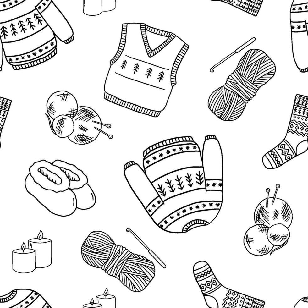 naadloos patroon met knus trui met winter ornamenten en breien. hand- getrokken lijn illustraties sokken, boeken en mand met deken. vector