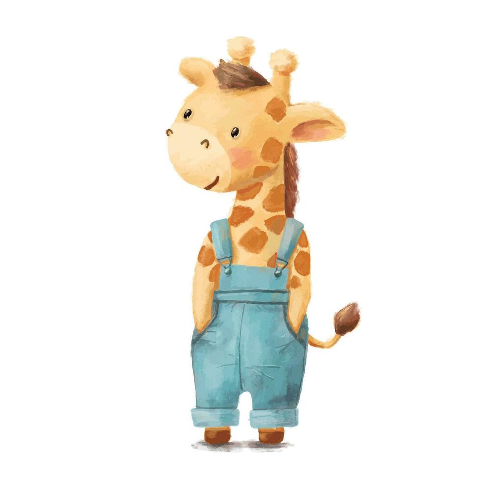 schattig grappig staand giraffe in kleren jeans. karakter illustratie geïsoleerd Aan wit achtergrond. vector